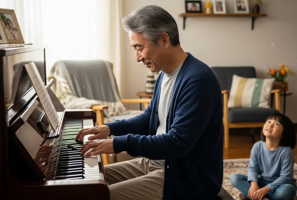 ６０代男性がピアノを弾く様子